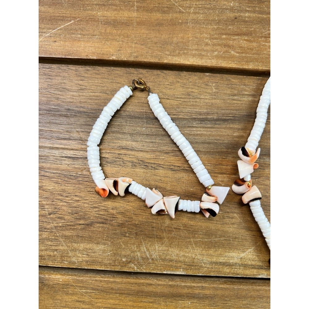 Vintage Coastal Shell Heishi Bead Necklace Bracelet Set Boho Beachy Peach White - Picture 2 of 9